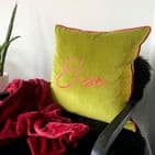 Personalised Embroidered Name Lime Velvet Cushion
